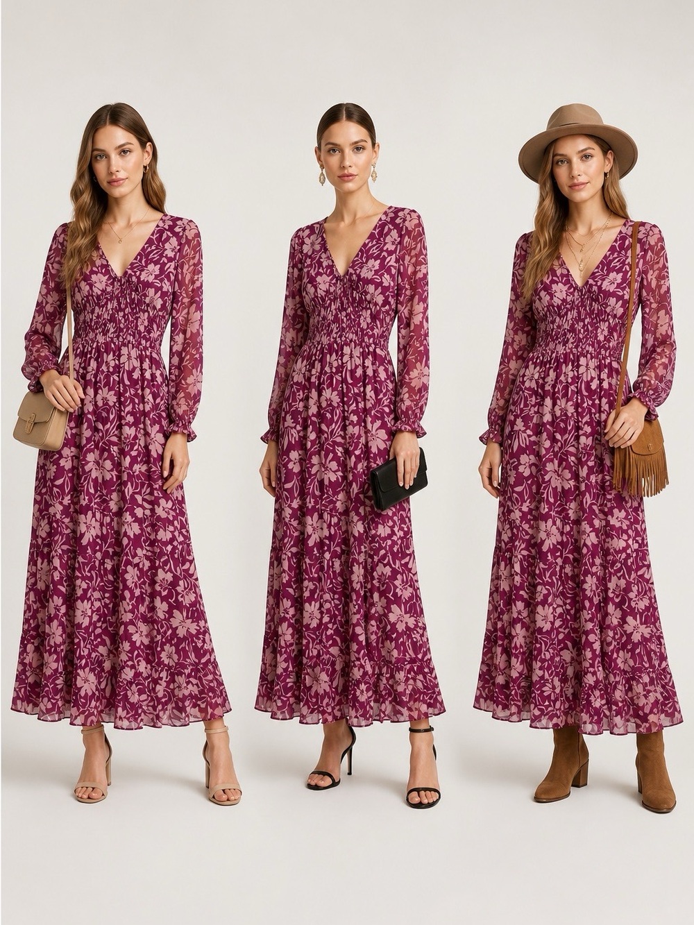 Patrons of Peace Berry Floral V‑Neck Shirred Maxi Dress - Picture 12 of 12